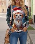 Naiste T-s&auml;rk Tee Cat 3D Igap&auml;evane N&auml;dalal&otilde;pp Must Hall Print Pikkade Varrukatega Mood Naljakas &Uuml;markaelus Tavaline Liiv Kevad ja S&uuml;gis S