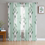 Rohelised lehed ja triibud L&auml;bipaistvad kardinad elutoaakna jaoks L&auml;bipaistev Voile t&uuml;llkardin Magamistoa kardinad Kodukaunistus 135W x 114H(cm)