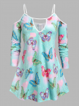 Rosegal Plus Size Cold Shoulder Butterfly Print Keyhole Tee L roheline