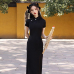 Cheongsam Naiste Kleit Must T&uuml;druk Retro T&auml;iustatud Pikk Kleit 2XL must
