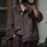 Johnature linane Vintage Print Alla keeratav krae naiste s&auml;rgid T&auml;isvarrukatega kevadised lahtised retro vabaaja vabad topid One Size pruun