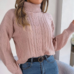 Naiste s&uuml;gistalvine vabaaja k&otilde;rge kaelusega praetud taigna keerdumine pikkade varrukatega kudumispullover kampsun M burgundiapunane