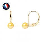 PERLINEA - Boucles d'Oreilles Dormeuses - V&eacute;ritables Perles de Culture d'Eau Douce Rondes 5-6 mm Gold - Bijoux Femme - Or Jaune