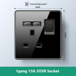 Luksuslik karastatud klaasist seinavalgusti l&uuml;liti nupp must &Uuml;hendkuningriigi pistik 13A universaalne seinakontakt USB, 220V1gang2way kiirusl&uuml;litiga