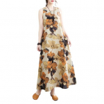 Boho Suur Suurus Puuvillane Linane Kleit Naistele Suvine Varrukateta Tr&uuml;kitud Vaba Pikk Kleit Vabaaja &Uuml;mara Kaelusega Maxi Tankkleit M khaki