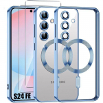 Coque pour Samsung Galaxy S24 FE - Anneau Magn&eacute;tique Film Cam&eacute;ra 2 Verres Tremp&eacute;s - Bleu - BOOLING&reg;