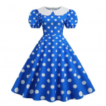 Naiste peokleit Vinatge, suur &auml;&auml;ris, kontrastses v&auml;rvitoonis t&auml;ppprinteriga k&otilde;rge v&ouml;&ouml;koht, seljaosa t&otilde;mblukk L&uuml;hike mullvarrukatega nukukrae 50ndate 60ndate balli pulmakleit printsessi S