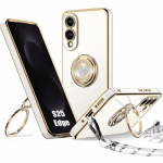 Coque pour Samsung Galaxy S25 Edge, Souple TPU Slim avec Anneau Rotatif Motif C&oelig;ur et Cordon - Blanc valge