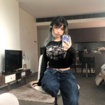 Naiste retro silmad prinditud topid Haldjas grunge graafiline kevad T-s&auml;rgid Vintage indie Esteetilised riided Cyber ​​Y2k &otilde;huke pikkade varrukatega topp S must