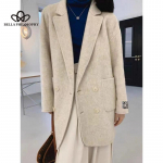 Kahepoolne villane villane mantel L&uuml;hike villane mantel Korea stiilis vabaaja villane mantel s&uuml;gistalveks onesize beež