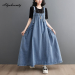 Korea mood kevadsuvi naiste &uuml;lisuur teksap&uuml;ksid, maxi, pikad p&auml;iksekleidid, traksid Vabaaja avara sinine varrukateta kleit Vintage universaalne kottkleit M