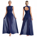 Naiste pikk kleit l&uuml;&uuml;riline kaasaegne tants varrukateta lahtise seljaga Keeratud l&auml;bipaistev v&otilde;rkkattega trikoo &uuml;listus liturgiline tantsuriietus XL tumesinine v&auml;rv