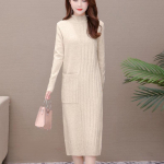 S&uuml;gistalvine keskmise pikkusega kootud kleit Naiste &uuml;hev&auml;rviline pullover-kleit, paksendatud poolk&otilde;rge kraega alumine kootud taskukleit XXXL