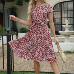 Naiste Leopard Cherry Plisseeritud kleit kevadsuvi keskmise pikkusega l&uuml;hikeste varrukatega S kirss
