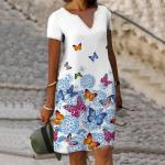 Suvine moodne V-kaelusega kleit naistele l&uuml;hikeste varrukatega, must-valge liblikastr&uuml;kiga kleit, vaba vabaaja kleit naistele XS sinine