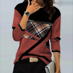 Naiste topid Kleidikad vabaaja &uuml;mara kaelusega pikkade varrukatega s&auml;rgid, ruuduline printimine vabaaja tuunika pluusid topsid L must