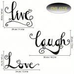 Kolmeosaline Live Love Laugh metallist seinakaunistus &ndash; mustad sildid sise-/v&auml;lielutoas, magamistoas, &uuml;hiselamus ja k&ouml;&ouml;gis helehall v&auml;rv