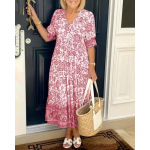 Suvise temperamendiga t&ouml;&ouml;lk&auml;imiseks m&otilde;eldud pikk lilleline lipsuprindiga suures suuruses avar ja mitmek&uuml;lgne kleit naistele S roosa