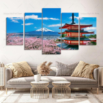 5 paneeli Jaapani stiilis Fuji m&auml;gi l&otilde;uendimaal Seinakujundus Kirsipuude maastikuposterid elutoa kaunistamiseks Raamita 40x60cm*2 40x80cm*2 40x100cm*1 No Frame