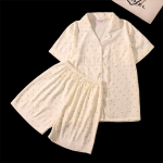 1 Komplekt Pehme Lillemustriga Pidžaamakomplekt Vabaaja L&uuml;hikeste Varrukatega N&ouml;&ouml;pidega &Uuml;laosa ja L&uuml;hikesed P&uuml;ksid Puuvillaimitatsioon Naiste Kodur&otilde;ivad &Ouml;&ouml;riided Daamidele M