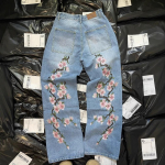 Unisex t&auml;navamoe teksad Y2K Meeste Naiste Harajuku Hip Hop Sakura tikand Retro paigaldus Baggy teksad K&otilde;rge v&ouml;&ouml;kohaga laia s&auml;&auml;rega p&uuml;ksid M sinine