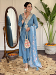 Naiste disaineri peokleit Rayonist tikitud Kurta p&uuml;kside ja Dupattaga komplekt Salwar Kameez etniline riietus S sinine