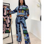 2025 Naiste Mood Graffiti Prindiga Pikkade Varrukate S&auml;rk ja Sirgete P&uuml;kste Komplekt XX-Large