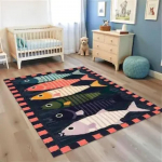 V&auml;rviline Kalavaip Triibulise Disainiga Tumesinine Taust Korallpunane &Auml;&auml;r Elav Lasteaia M&auml;ngutoa Vaip Kodu Dekooriks P&otilde;randamatt 60*90cm