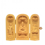 Hanro kunstnikkide nikerdused, budistlik kuju, Kolm avatud Buddhat, Dainichi Nyorai kolmik, Acala, Shingoni budism, Kobo Daishi, budistlik altar, puunikerdus,