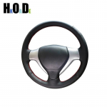 Car Steering Wheel Cover For Honda Jazz Fit 2005 2006 2007 2008 DIY Hand stitch Black PU Microfiber leather Red Thread