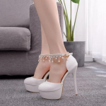 Elegantne Daamide Peo Br&auml;nd Naiste Kingad Rhinestone &Uuml;mar Varvas Pandlaga Rihm PU 14CM &Otilde;hukesed K&otilde;rged Kontsad Paelkingad Ballile Naiste Kingad 34 valge