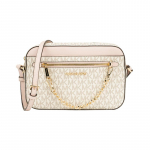 MICHAEL KORS Jet Set Presb&uuml;oopia Prinditud Retro T&auml;hed LOGO Kett PVC Nahk Kaamerakott Crossbody Kott Suur Naiste Roosa Valge V&auml;rvikombinatsioon valge