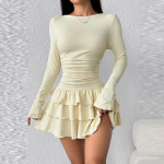 S&uuml;gis Talv &Uuml;hev&auml;rviline Kitsas L&otilde;ige Langevate Volangidega Minikleit Naistele Elegantne Laia Varrukaga K&otilde;rge V&ouml;&ouml;koht Seksikas Peo Bodycon Kleit XS aprikoosi