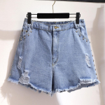 Suvine Plus Size Temperament Hole Denim &scaron;ortsid Naiste vabaaja teksap&uuml;ksid lahtised k&otilde;rge v&ouml;&ouml;kohaga teksad l&uuml;hikesed p&uuml;ksid 2XL sinine