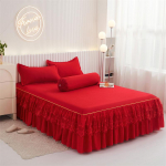 3tk pitsist voodikattega voodi seelik voodipesu voodikattega padjap&uuml;&uuml;ri komplekt harjatud mikrokiust volangidega voodi seelik 200&times;220cm punane