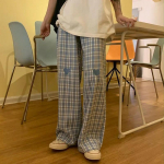 Vintage ruudulised p&uuml;ksid naiste elastne v&ouml;&ouml;koht lahtine sirge p&uuml;ksid Korea Harajuku k&otilde;rge v&ouml;&ouml;kohaga p&uuml;ksid vabaaja retro laiad p&uuml;ksid XS must