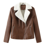 Naiste jakid Kunstnahast k&auml;rbitud rev&auml;&auml;riga krae flanellist vooderdatud soe l&uuml;hike mantel PU Bomber Moto Biker komplektid Talvine s&uuml;gismood V&auml;lisr&otilde;ivad M