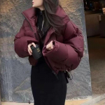 Talvised soojad paksud mantlid Naiste l&uuml;hikesed puhvis parkad Mood must puuvillane polsterdatud daami sulejope Elegantne t&otilde;mblukuga riided 2023 M veinipunane v&auml;rv