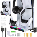 Seinakinnituskomplekt PS5 Slim/PS5 konsooli-kahe laadimisjaama jaoks, mis &uuml;hildub Playstation 5 tarvikutega - 15 RGB Light-3 USB HUB-peakomplekti hoidja
