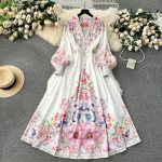 Kevadine prantsuse tr&uuml;kitud peokleit naistele Vintage V-kaelusega puhvis varrukatega pikad p&uuml;hadekleidid Naiste elegantne reisikleit S valge/roosa