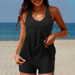 Kaks t&uuml;kki tankini ujumiskost&uuml;&uuml;mid naistele l&uuml;hikeste p&uuml;kstega V-kaelusega ujumiskost&uuml;&uuml;mid langeva esiosaga ujumiskost&uuml;&uuml;mikleit naistele p&auml;evalill S must