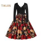 Naiste Halloweeni kleit A-joonega, suure kiikuga, pealuudega, pitsiga, v&ouml;&ouml;ga, v&ouml;&ouml;ga, lainelise V-kaelaga, lapiline plisseeritud pikkade varrukatega karnevali pidulik kleit XXL