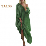 Naiste kleit, kaldus kaelusega, v&auml;&auml;nlemine, pikad laternaga varrukad, vabad puhast v&auml;rvi plisseeritud t&auml;ispikkuses rannamantel Maxi kleit M roheline