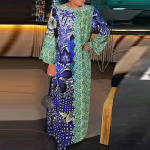 Naiste suures suuruses &uuml;mara kaelusega trompet, pikkade varrukatega lillemustriga kleidid S roheline