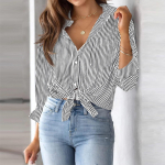 Naiste n&ouml;&ouml;pidega triibuline s&auml;rk Klassikaline pikkade varrukatega kaelusega t&ouml;&ouml;s&auml;rk taskutega L must