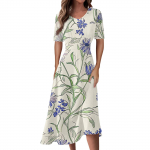 Naiste vabaajamood, lilleline (Leht) Prindiga V-kaelusega l&uuml;hikeste varrukatega v&ouml;&ouml;koht pikk swing kleit L sinine