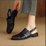 Pehme nahk Kreeka sandaalid Naine Retro &Uuml;mar kinnise ninaga Slingback kingad Suvised v&auml;ljal&otilde;igetega pandlaga rihmaga lamedad Zapatos 35 must
