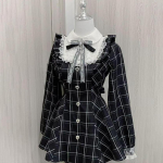 Harajuku magus lips mustad ruudulised kleidid, mis sobivad ideaalselt naistele, s&uuml;giseseks uueks pikkade varrukatega Slim Fit Kawaii Lolita kleidiks L must