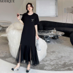 MODIQUE Summer Plus Size Uued naiste lahtised, elegantsed &uuml;hev&auml;rvilised tr&uuml;kitud v&otilde;rkkangast &auml;&auml;risega pikk kleit Naiste vabaaja l&uuml;hikeste varrukatega o-kaelusega kleidid L must