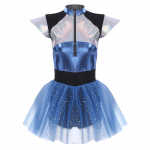 Naiste Space Cadet kombinesoon laienevate varrukatega, eest lukuga, litritega t&uuml;llseelikuga, mille k&uuml;lge on kinnitatud poiste l&uuml;hikesed p&uuml;ksid, astronauti cosplay bodisuit S sinine